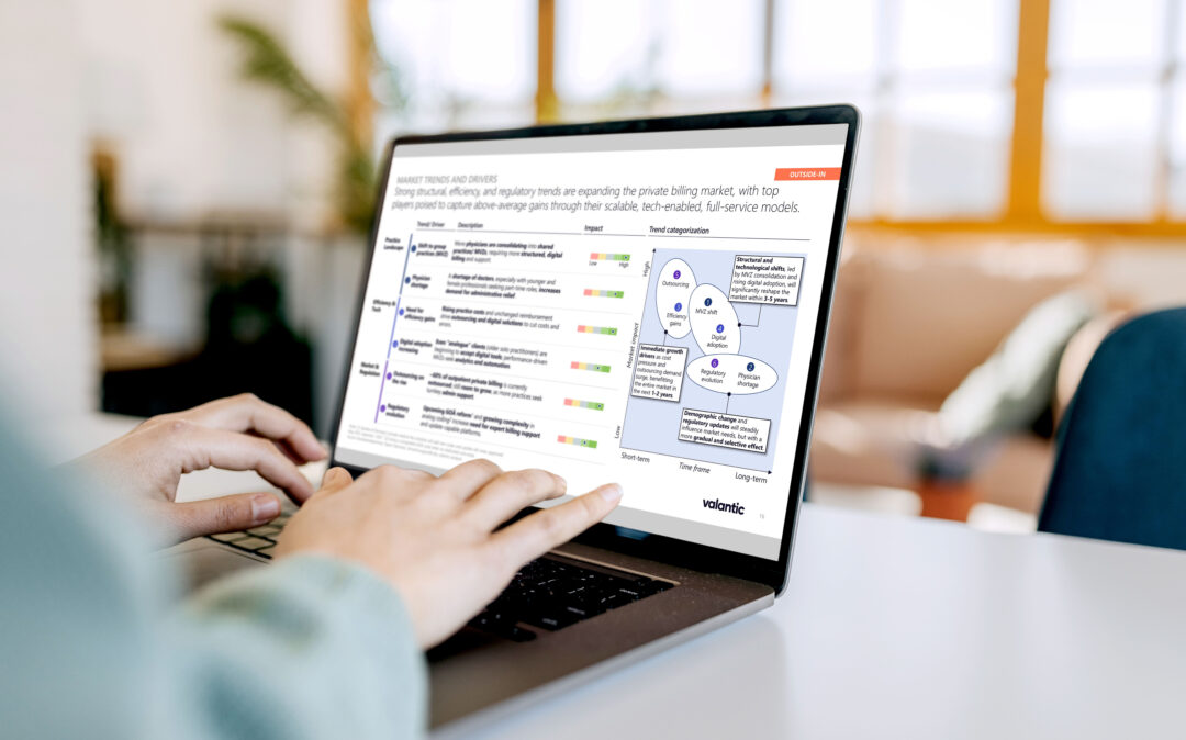 A person sitting in front of a laptop screen which displays a slide on the private medical billing services dach market trends.
