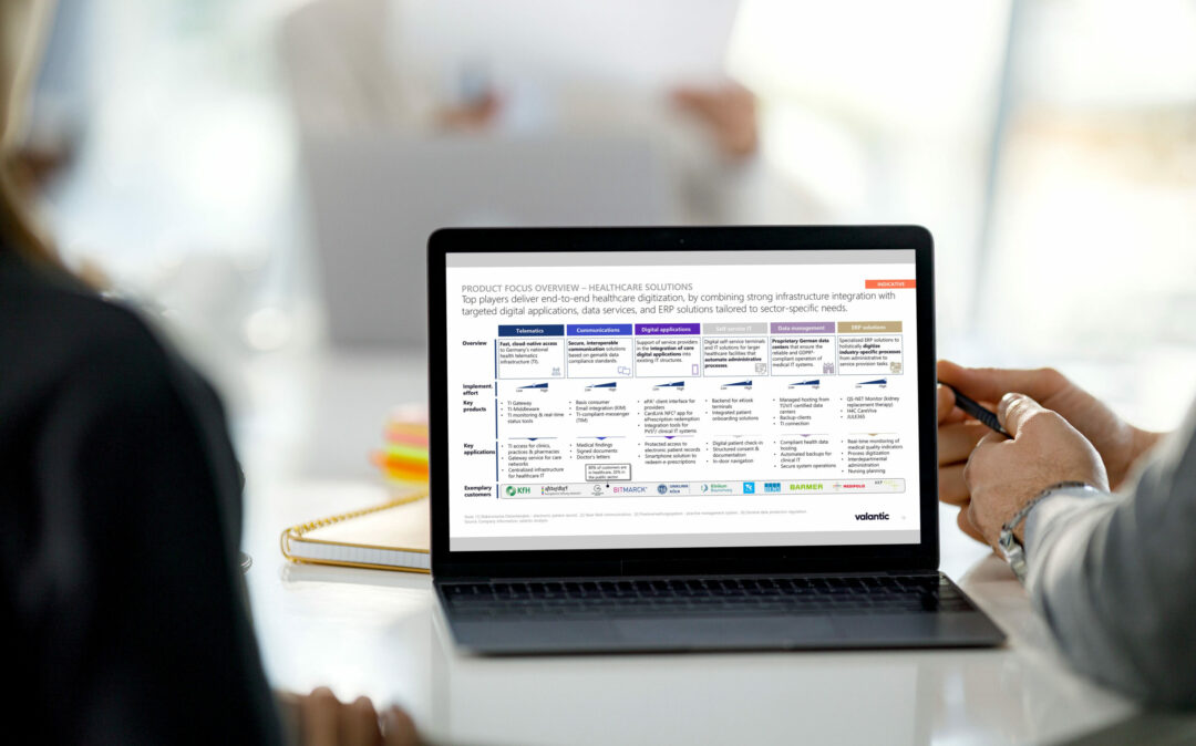 Woman hands work with laptop showing a market overview of the healthcare it services dach market.