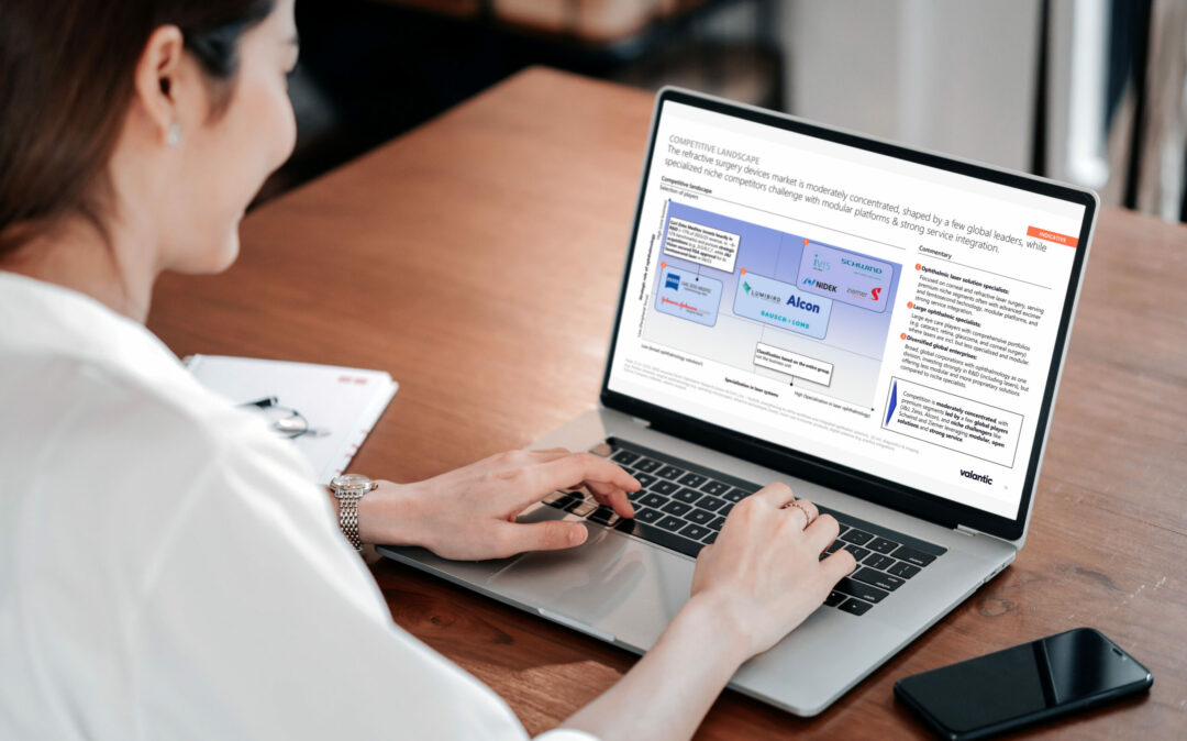 A woman sitting in front of a laptop screen which displays a slide on the eye laser equipment dach market competitive landscape.