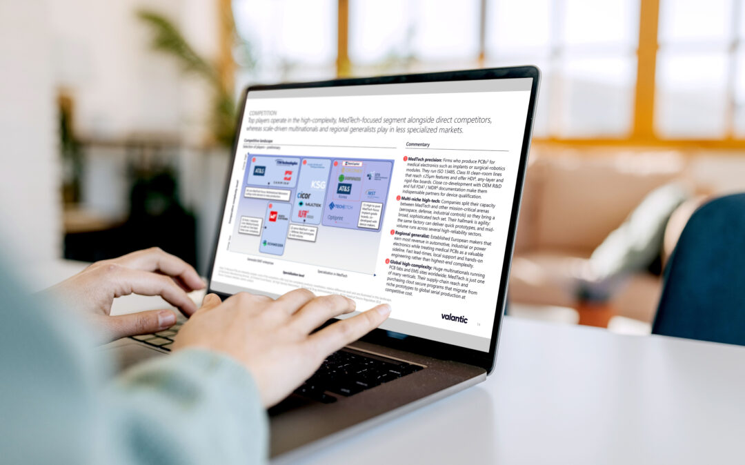 A person sitting in front of a laptop screen which displays a slide on the the medical microelectronics manufacturing dach market competitive landscape.