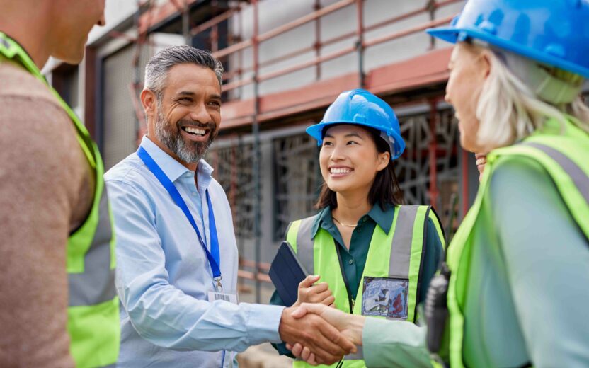 Vier Personen, darunter zwei mit Sicherheitswesten und Schutzhelmen, grüßen sich auf einer Baustelle und geben sich die Hand und sprechen über SAP BNAC.