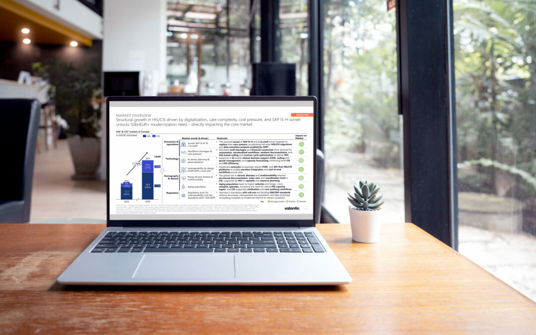 Laptop screen on a café table, displaying a slide on the Hospital Information Systems market overview.