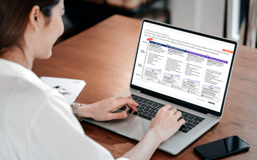 A woman sitting in front of a laptop screen which displays a slide on the Hospital Informationn Systems dach business model.
