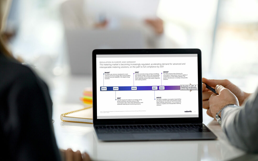 Two people sitting in front of a laptop screen which displays a slide on the smart metering solutions dach market regulations.