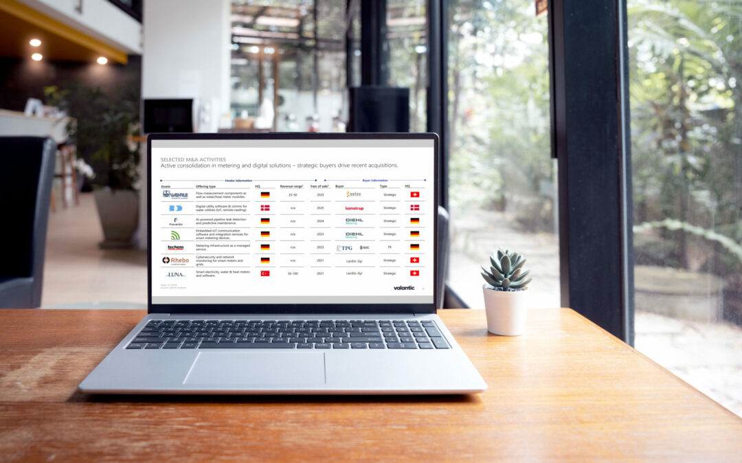 Laptop screen on a café table, displaying a slide on the smart metering solutions dach market activities.