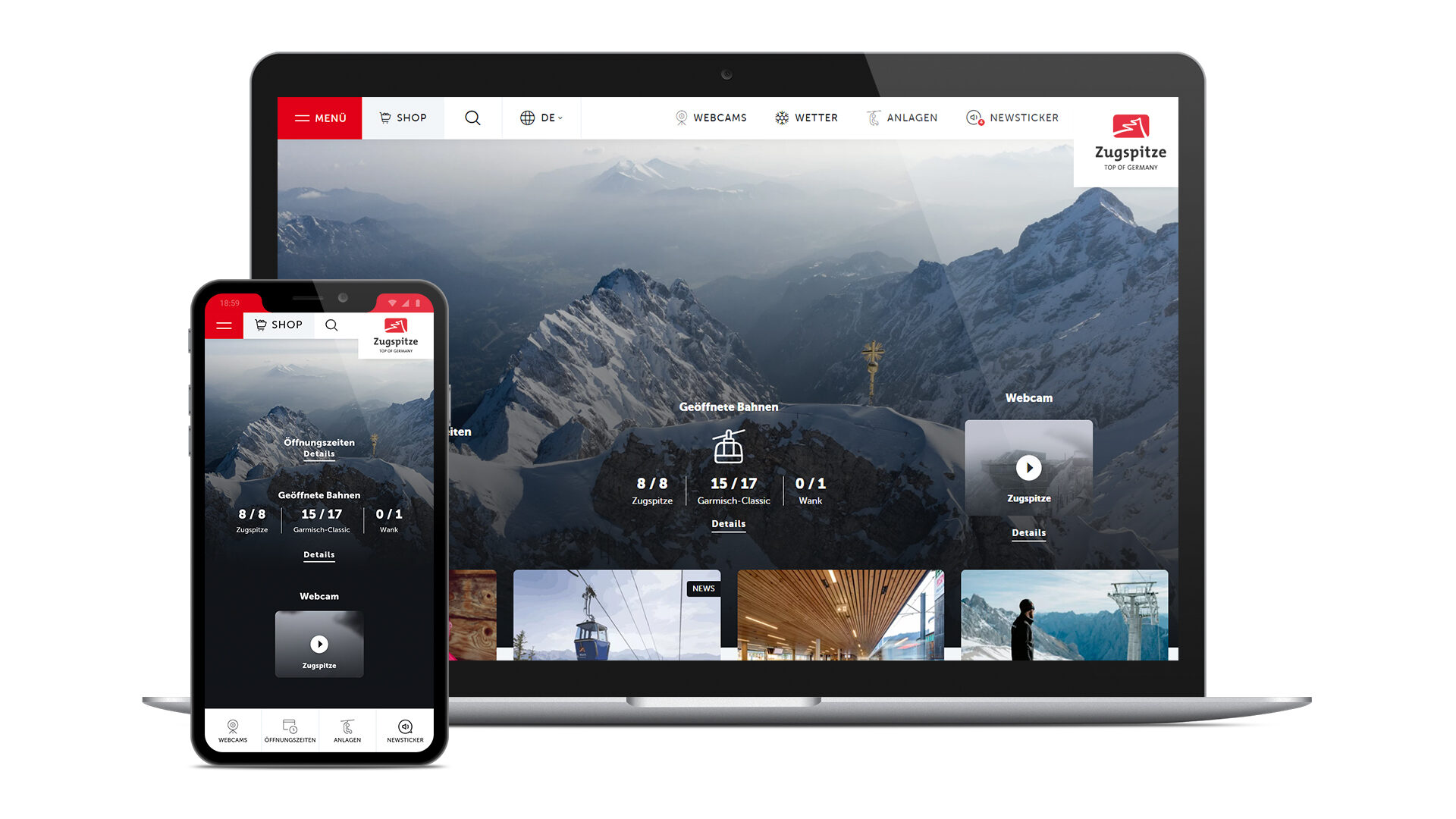 Mockup von der neuen Website der Bayerischen Zugspitzbahn Bergbahn AG. Dargestellt auf einem Laptop und einem Smartphone.