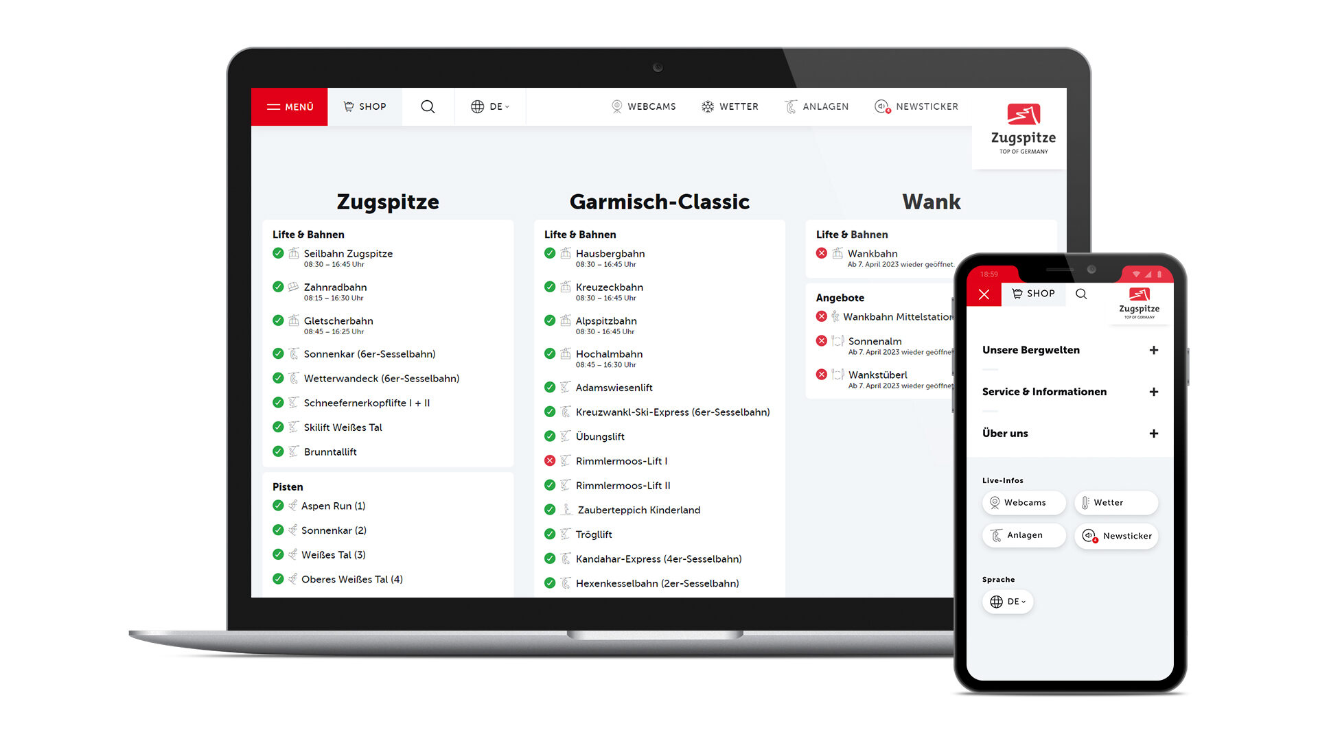 Mockup of the new website of Bayerische Zugspitzbahn Bergbahn AG, displayed on a laptop and a smartphone.
