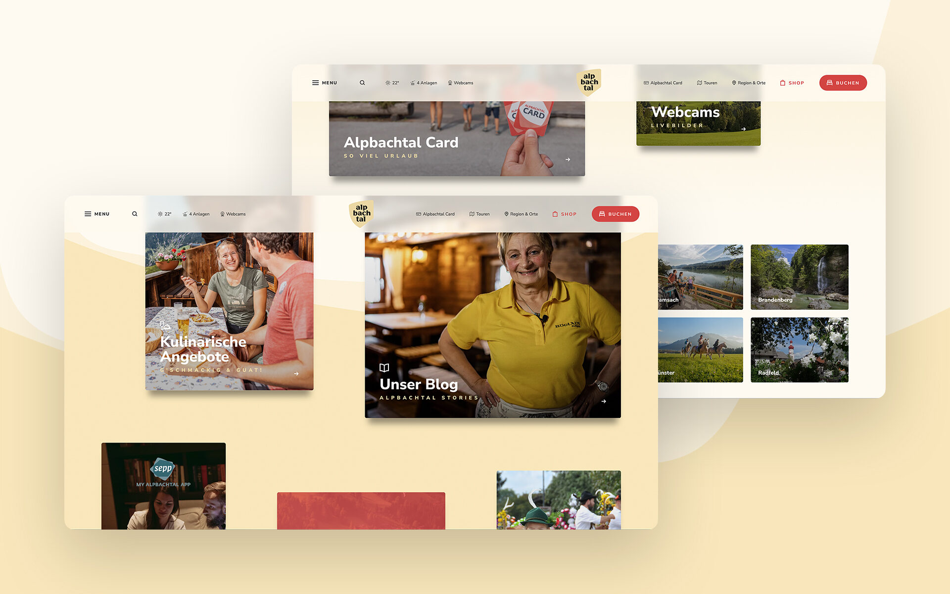Mockup of the new website of the Alpbachtal Tourism Association (TVB), showing the different subpages displayed as tiles.