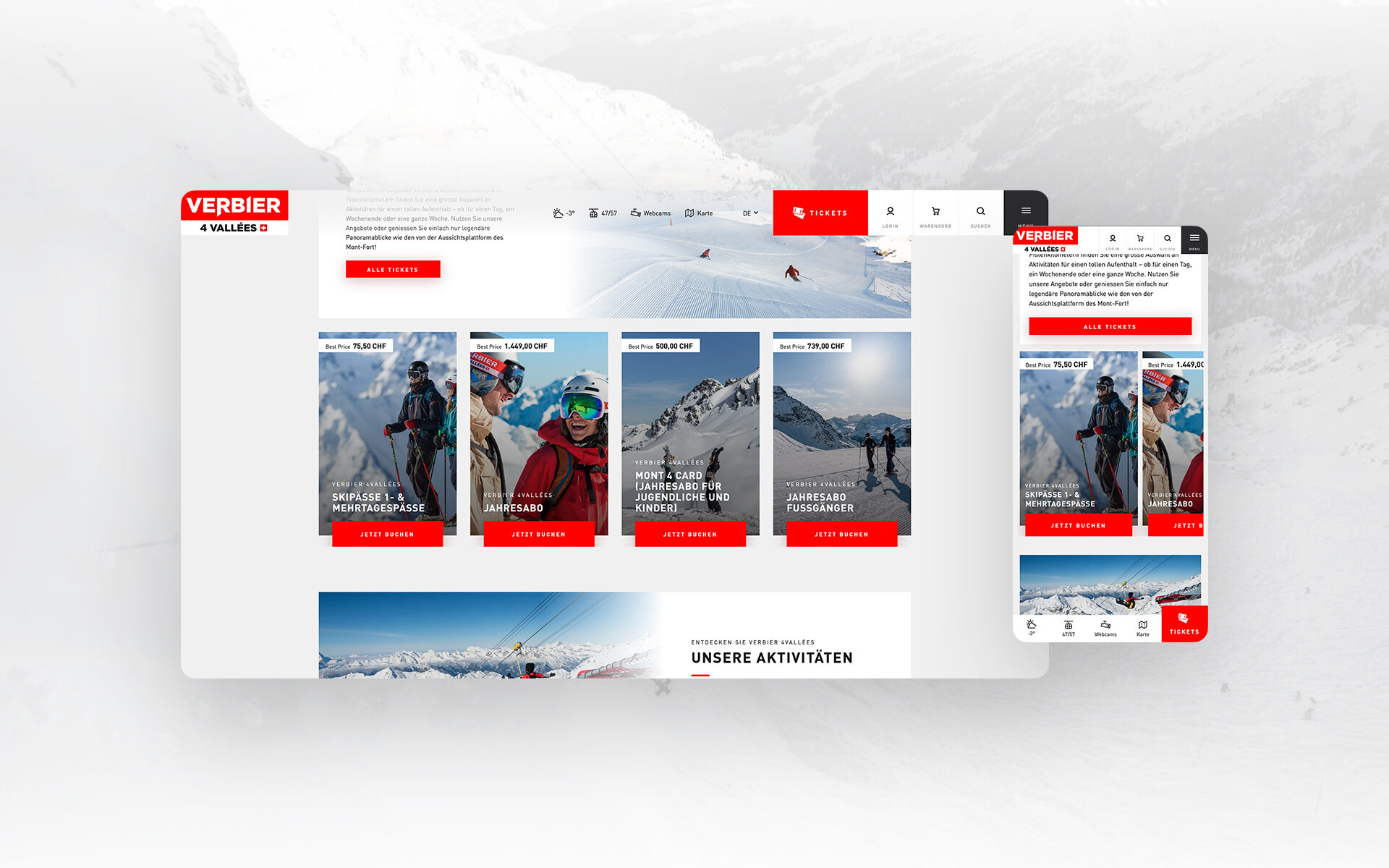 Screenshot of the new website of the Verbier 4 Vallées tourist region. Displayed on 3 smartphones.