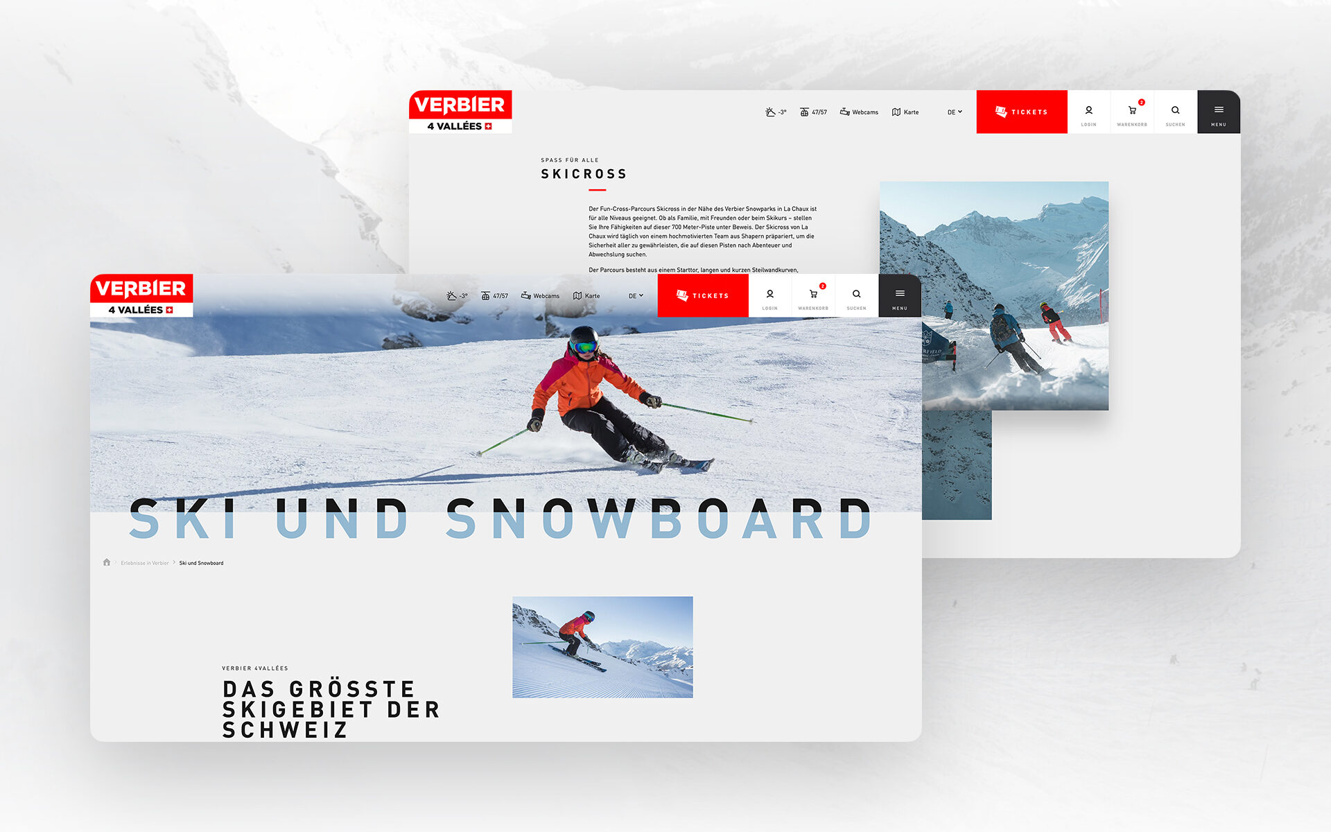 Overview of the ski resort page for Verbier 4 Vallées, focusing on ski cross, skiing, and snowboarding in Switzerland’s largest ski area.