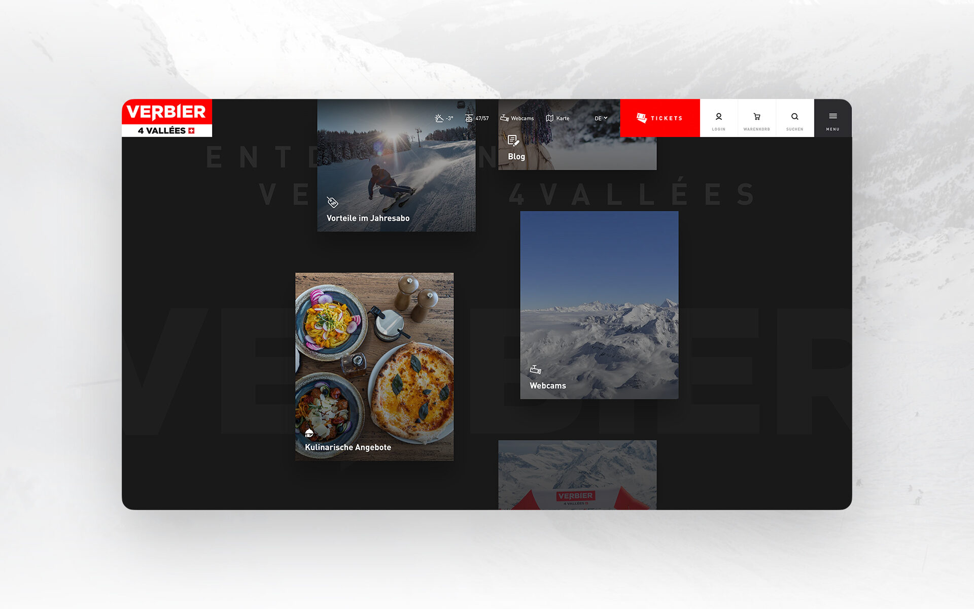 Homepage of the Verbier 4 Vallées website featuring highlight sections such as annual pass benefits, culinary offers, and live webcams.