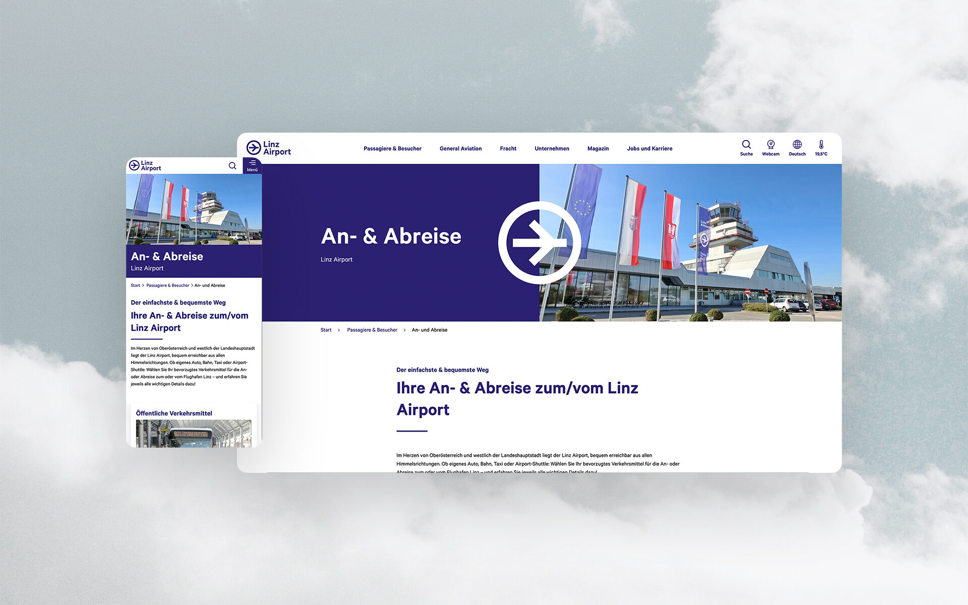 Screenshot of the new Linz Airport website by valantic: it shows an information page about arriving at and departing from Linz Airport