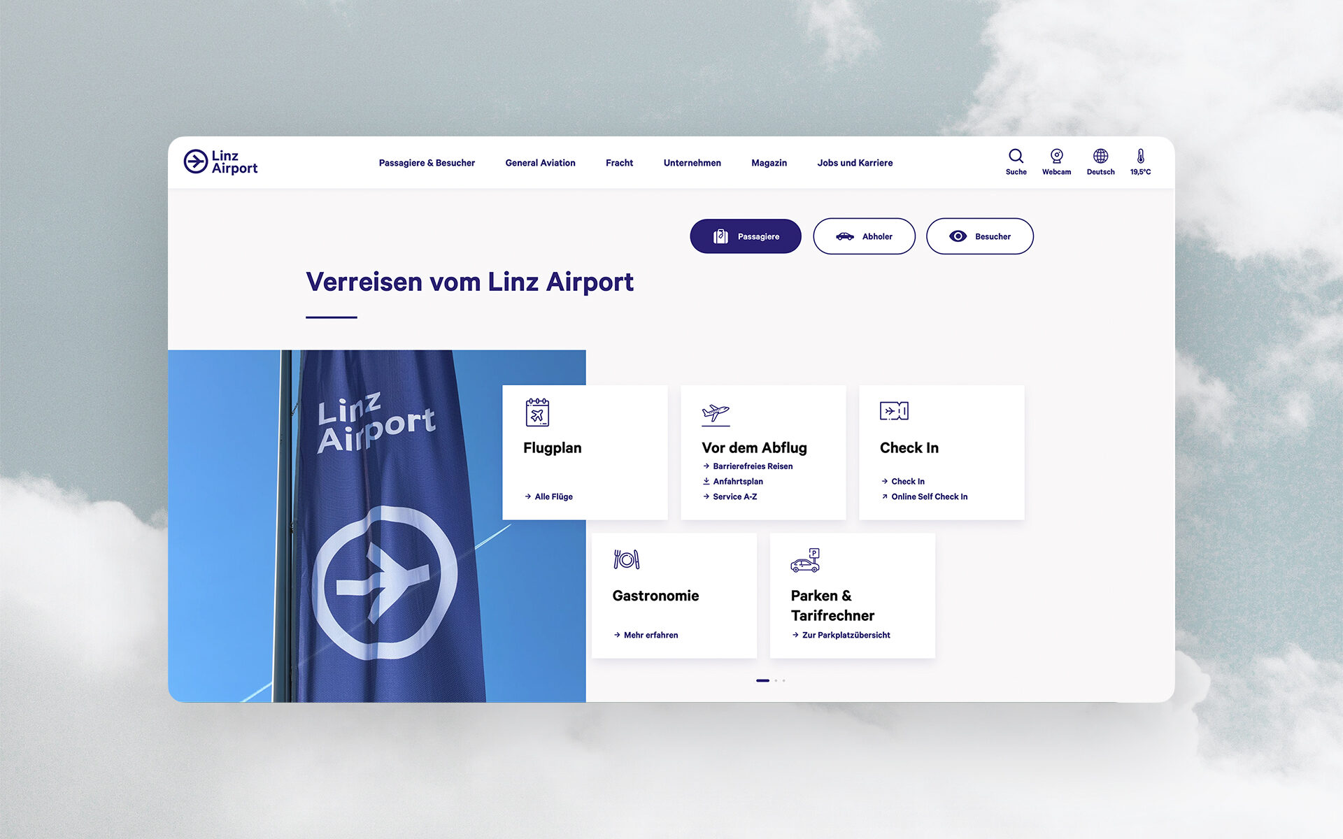 Screenshot of the new Linz Airport website by valantic: it shows the Linz Airport homepage.