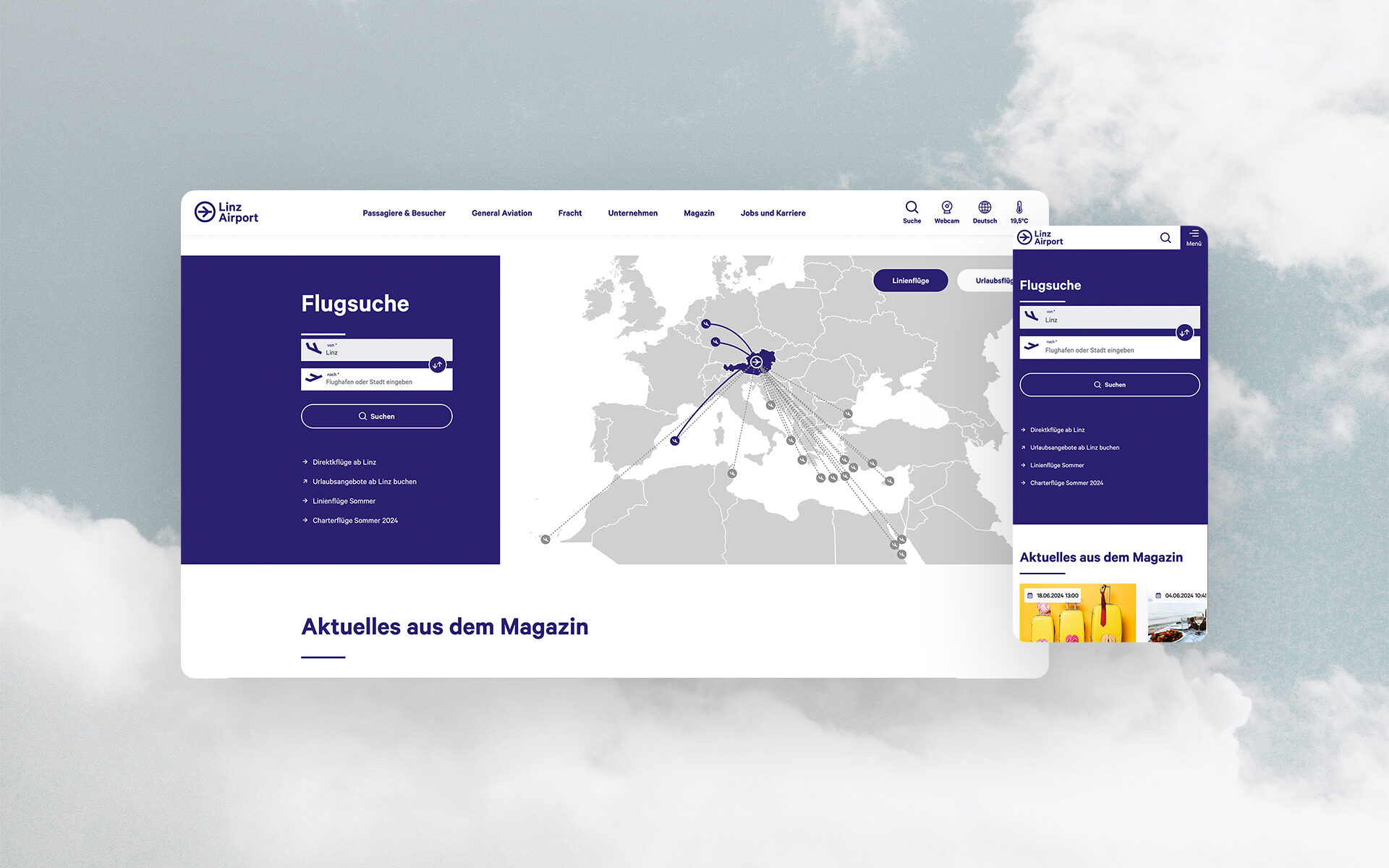 Screenshot of the new Linz Airport website by valantic: it shows the Linz Airport flight search.