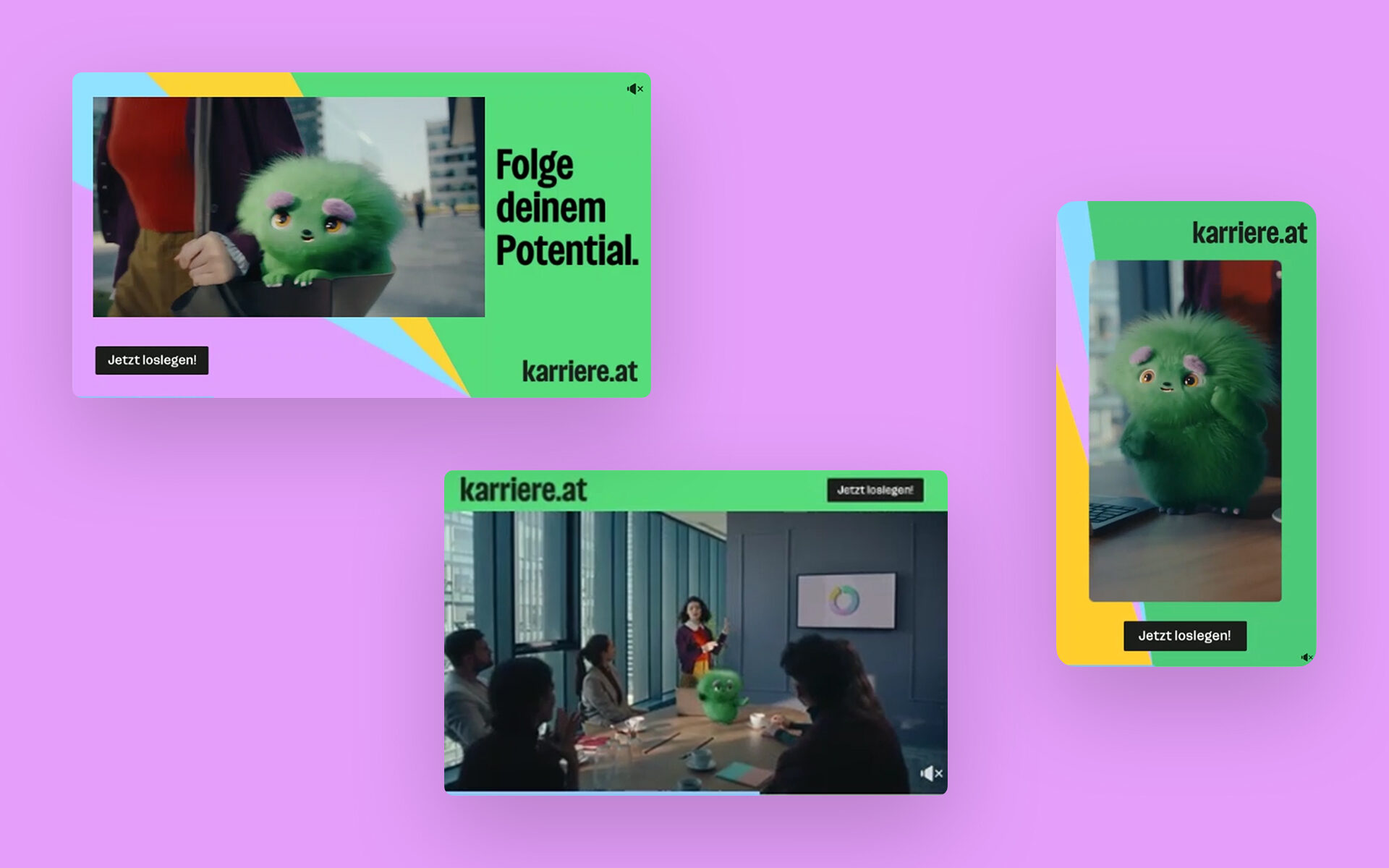 Digitale Werbemittel der karriere.at Kampagne auf lilafarbenem Hintergrund: Video- und Banneranzeigen mit grünem Fantasiewesen, Slogan ‚Folge deinem Potential‘ und Call-to-Action ‚Jetzt loslegen!‘.