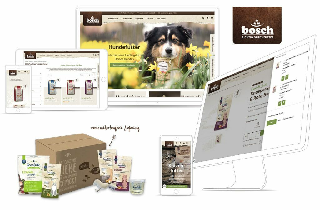 Die Website von bosch Tiernahrung ist auf verschiedenen Geräten sichtbar, einschließlich einer Vorschau von Bosch Tiernahrung.