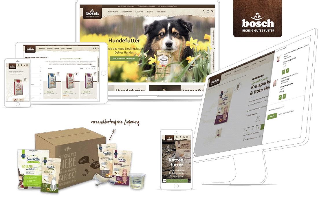 Bosch Tiernahrung-Webshop, die eine Auswahl an Tiernahrungsprodukten im Onlineshop präsentiert.