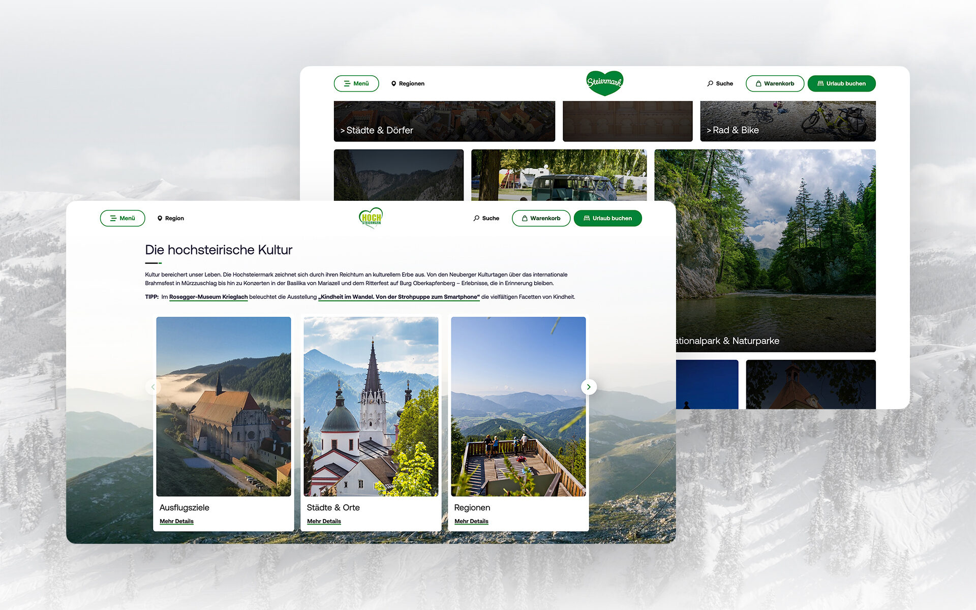 Mockup des Website-Redesigns für Steiermark: moderne Kulturseiten mit Fokus auf Ausflugsziele, Städte und Regionen der Hochsteiermark.