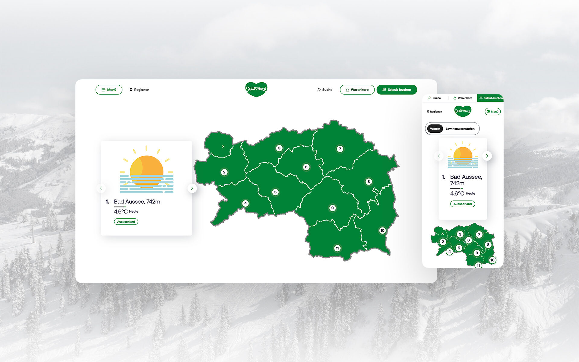 Mockup des Website-Redesigns für Steiermark: interaktive Kartenansicht mit Wetteranzeige und Regionenübersicht für Bad Aussee.