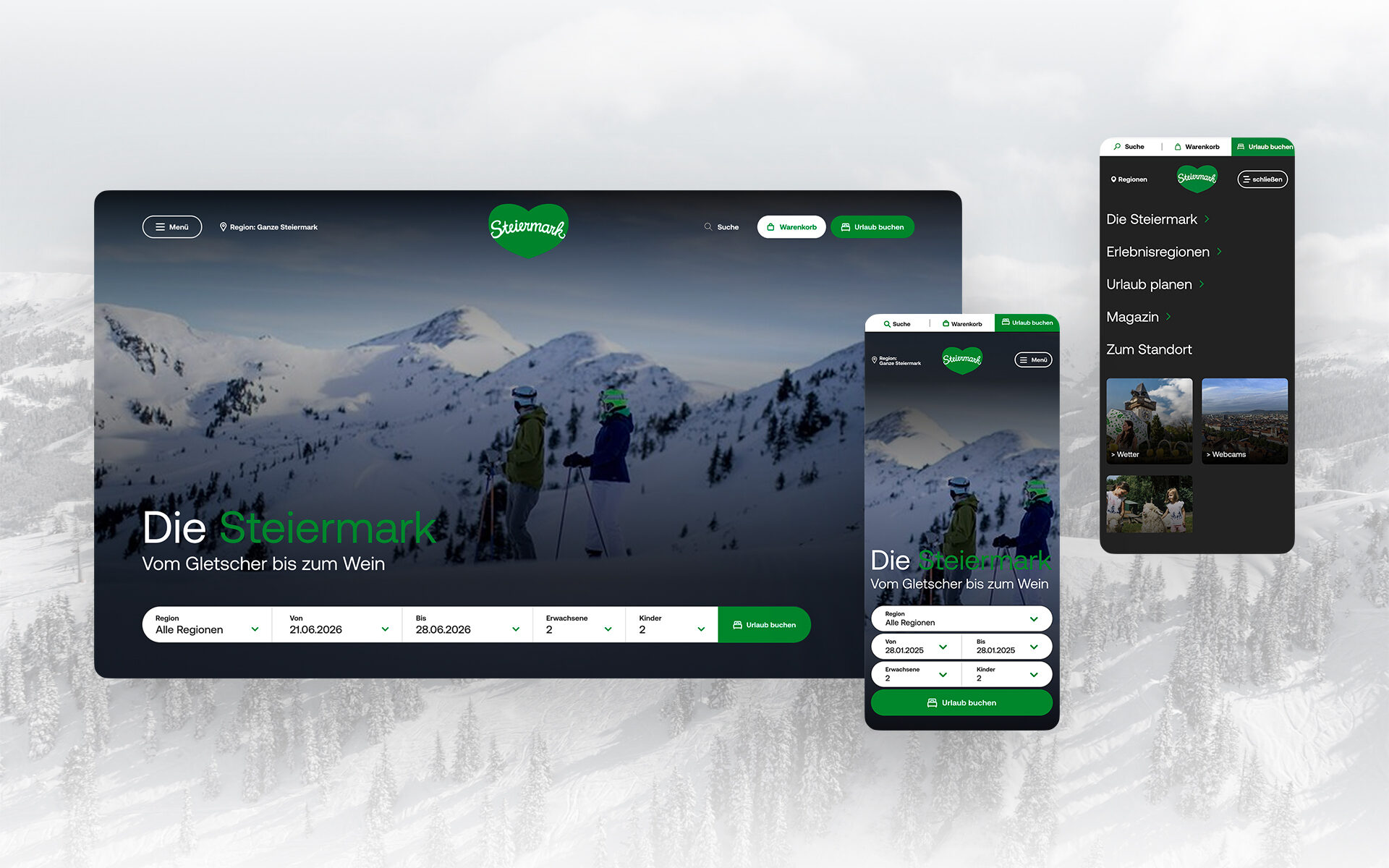 Mockup des Website-Redesigns für Steiermark: moderne Startseite mit winterlichem Bergpanorama und Buchungsfunktion für Urlaub in der Region.