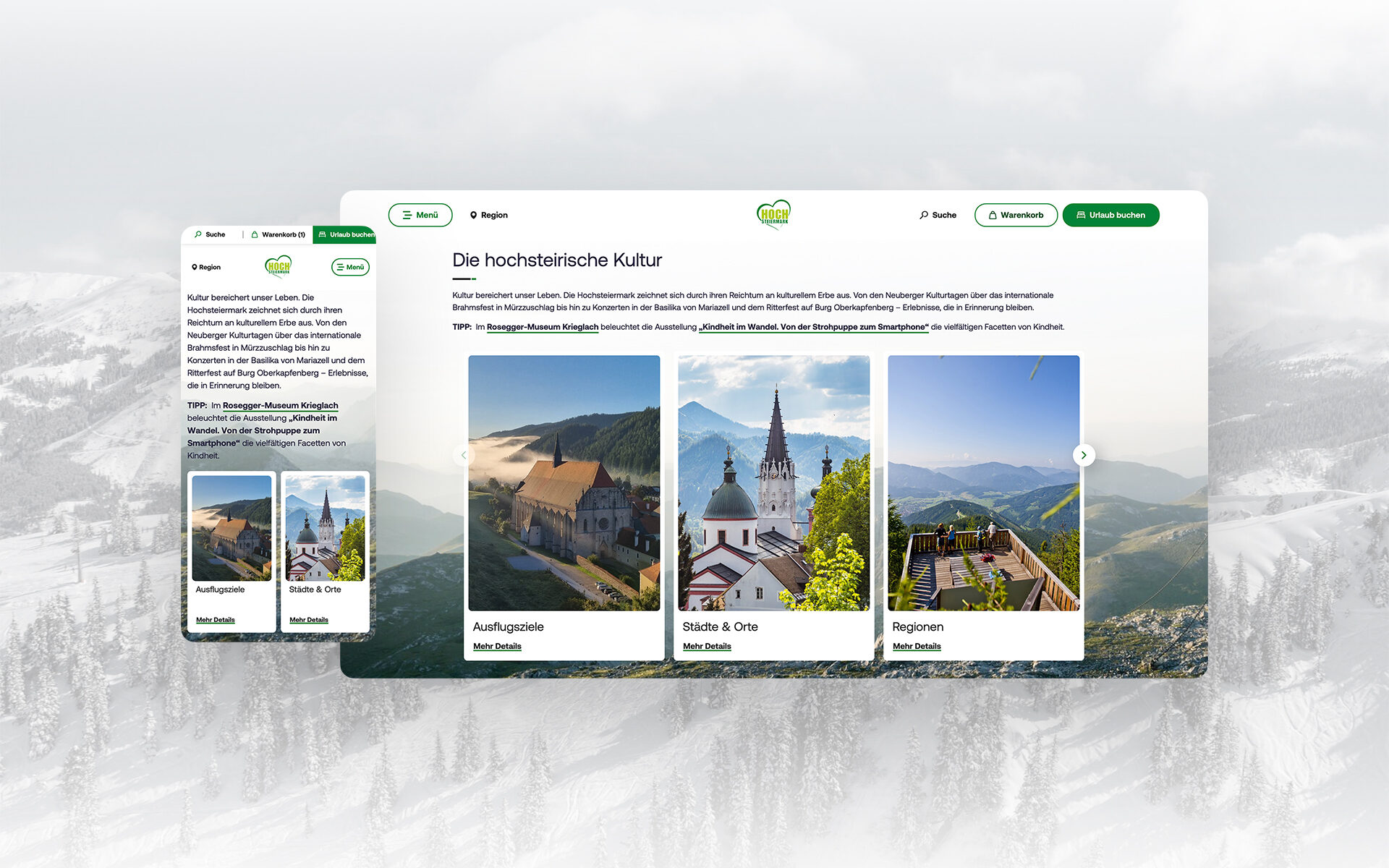 Mockup des Website-Redesigns für Steiermark: moderne Darstellung der hochsteirischen Kultur mit Ausflugszielen, Städten und Regionen.