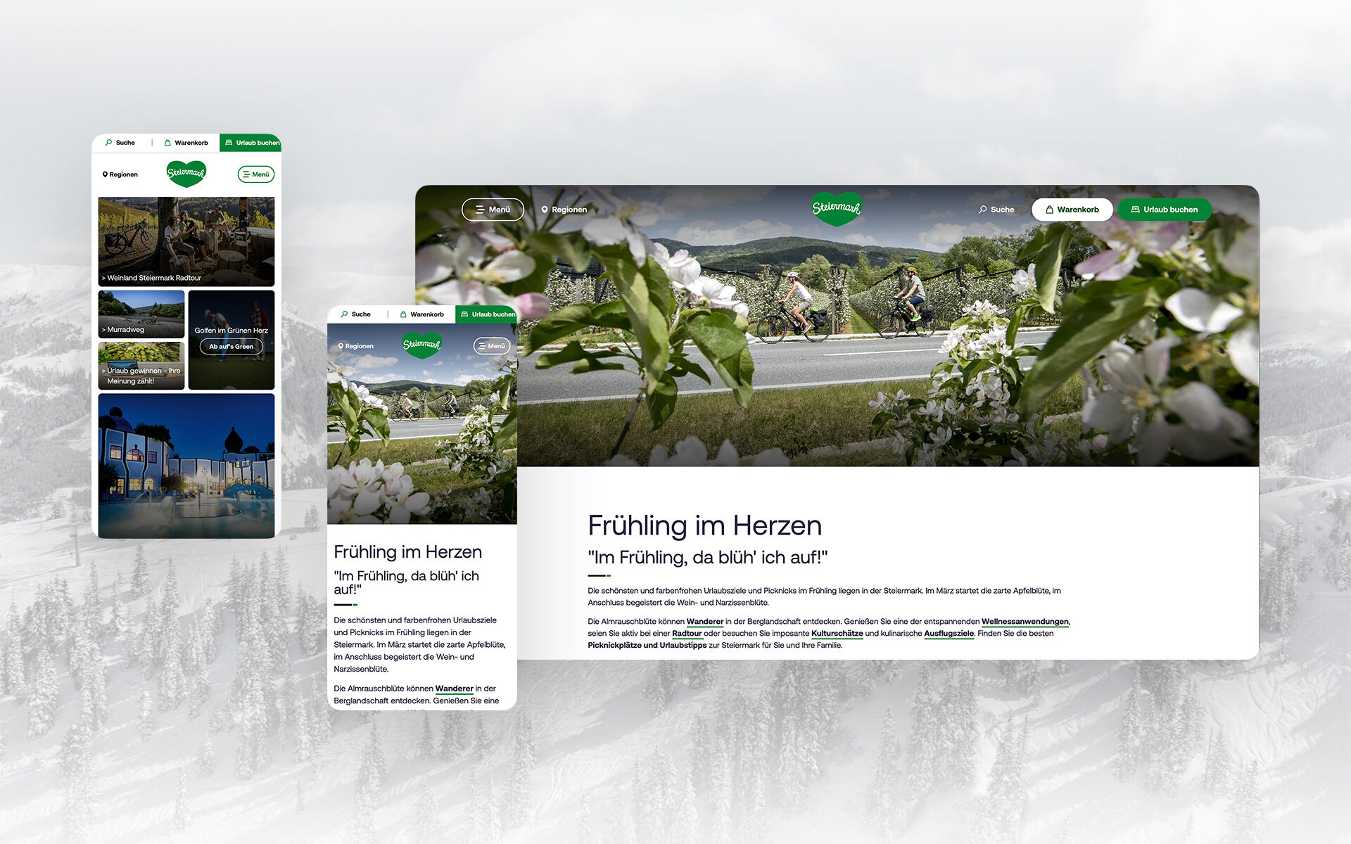 Mockup des Website-Redesigns für Steiermark: frühlingshafte Motive mit Radfahrern durch blühende Landschaft und modernen Seitendesigns.
