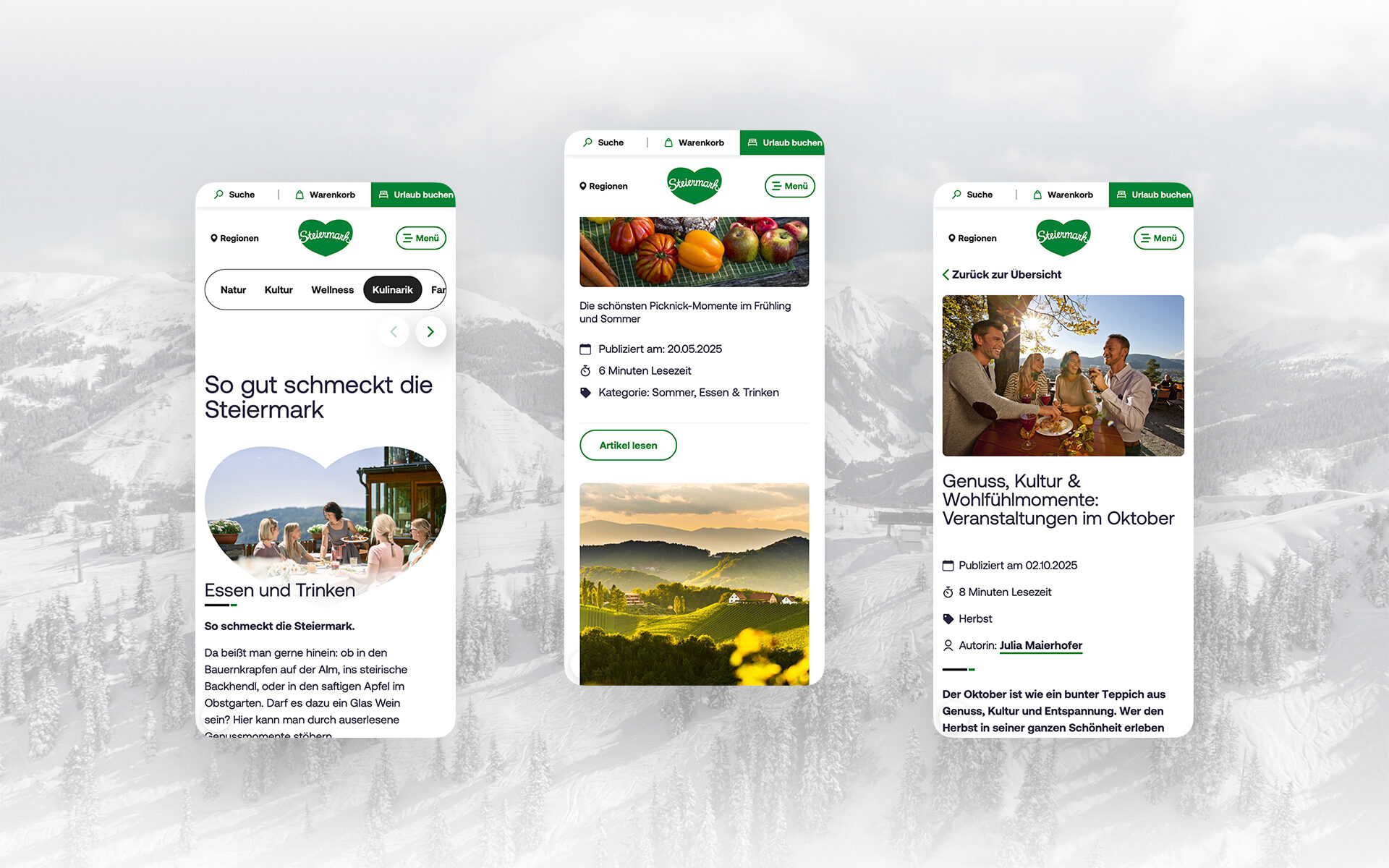 Mockup des Website-Redesigns für Steiermark: moderne mobile Ansichten mit Fokus auf Genuss, Kultur und Kulinarik in der Region.