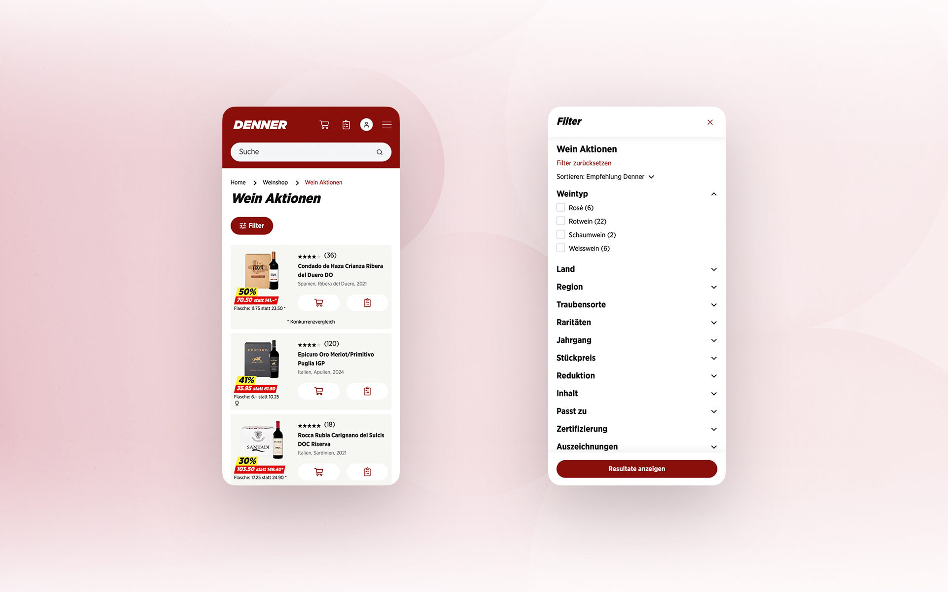 Screenshot der Denner-Website mit Weinaktionen und geöffnetem Filtermenü auf Mobilansicht.