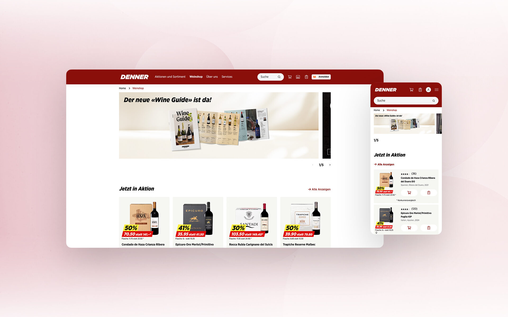 Screenshot der Denner-Website im Bereich Weinkatalog mit Angeboten und Aktionen, gezeigt auf Desktop und Mobilgerät.