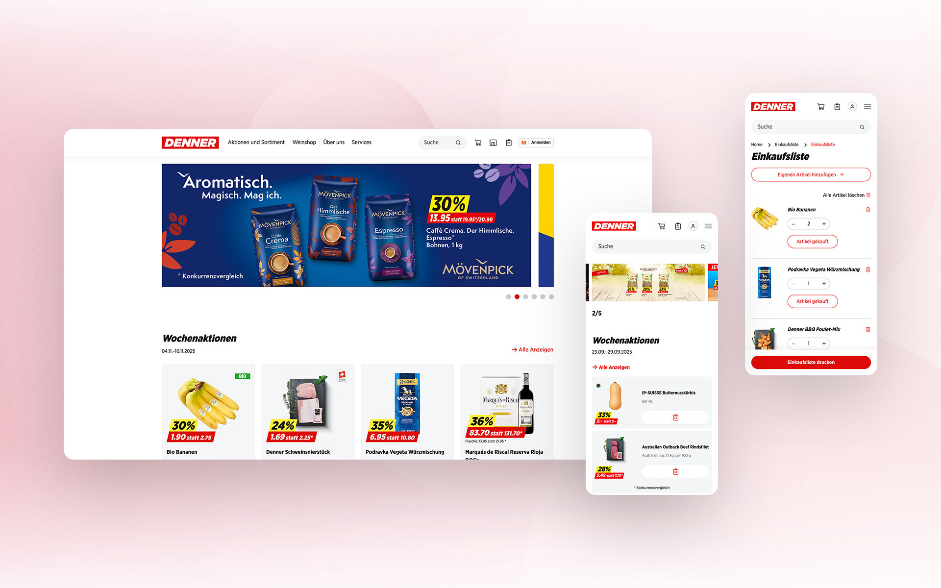 Screenshot der Denner-Website mit Wochenaktionen, Mövenpick-Kaffee-Angebot und Einkaufslistenfunktion in der mobilen Ansicht.