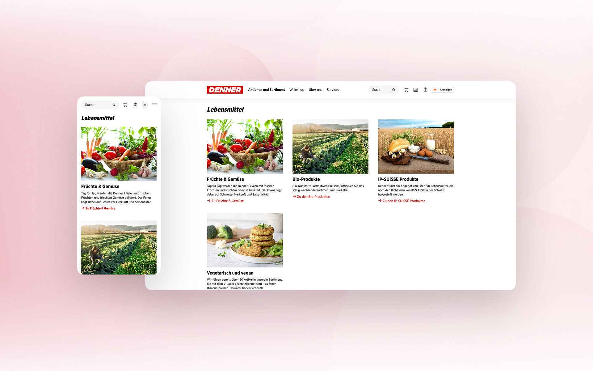 Screenshot of the Denner website’s food section featuring categories such as fruits & vegetables, organic products, IP-SUISSE products, and vegetarian & vegan.