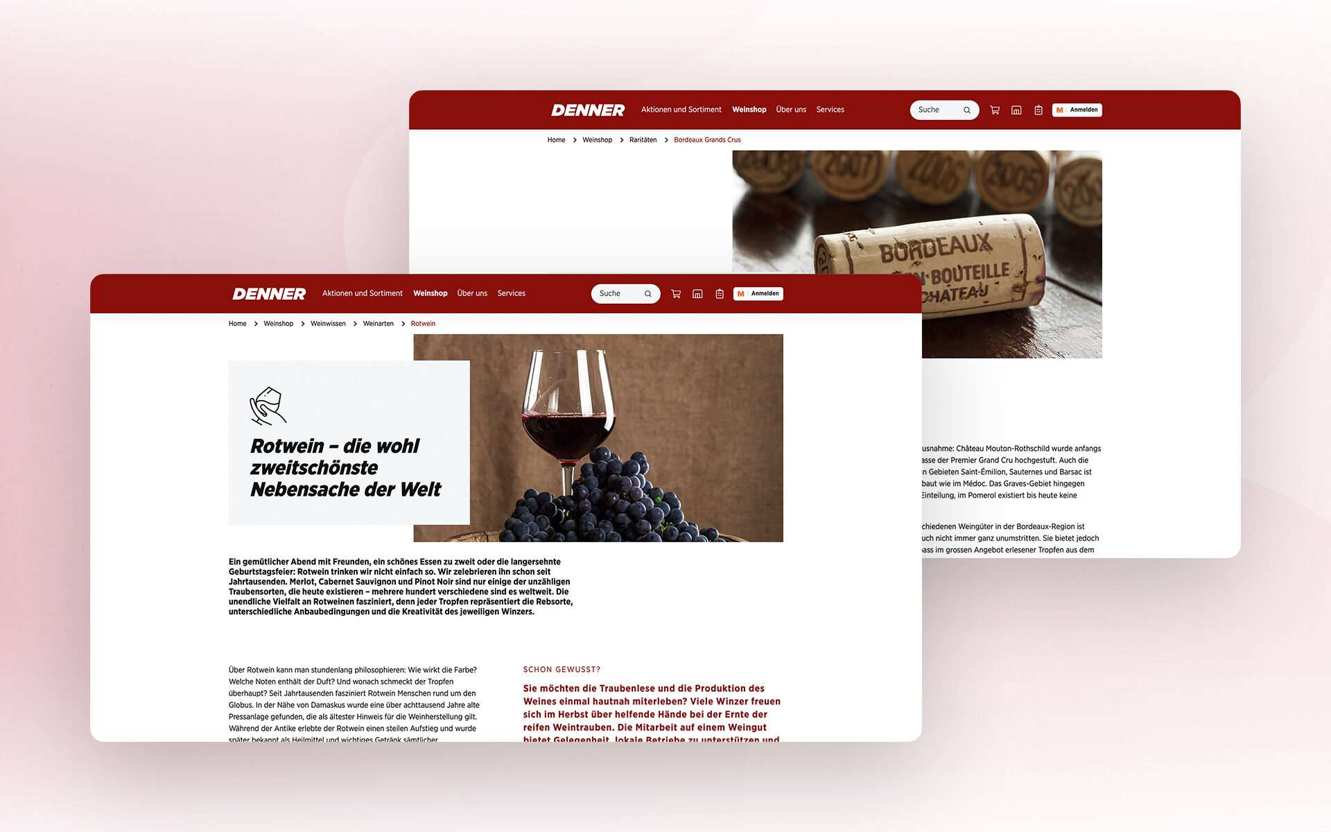 Screenshot of the Denner website’s wine shop section featuring editorial content about red wine and Bordeaux wines.