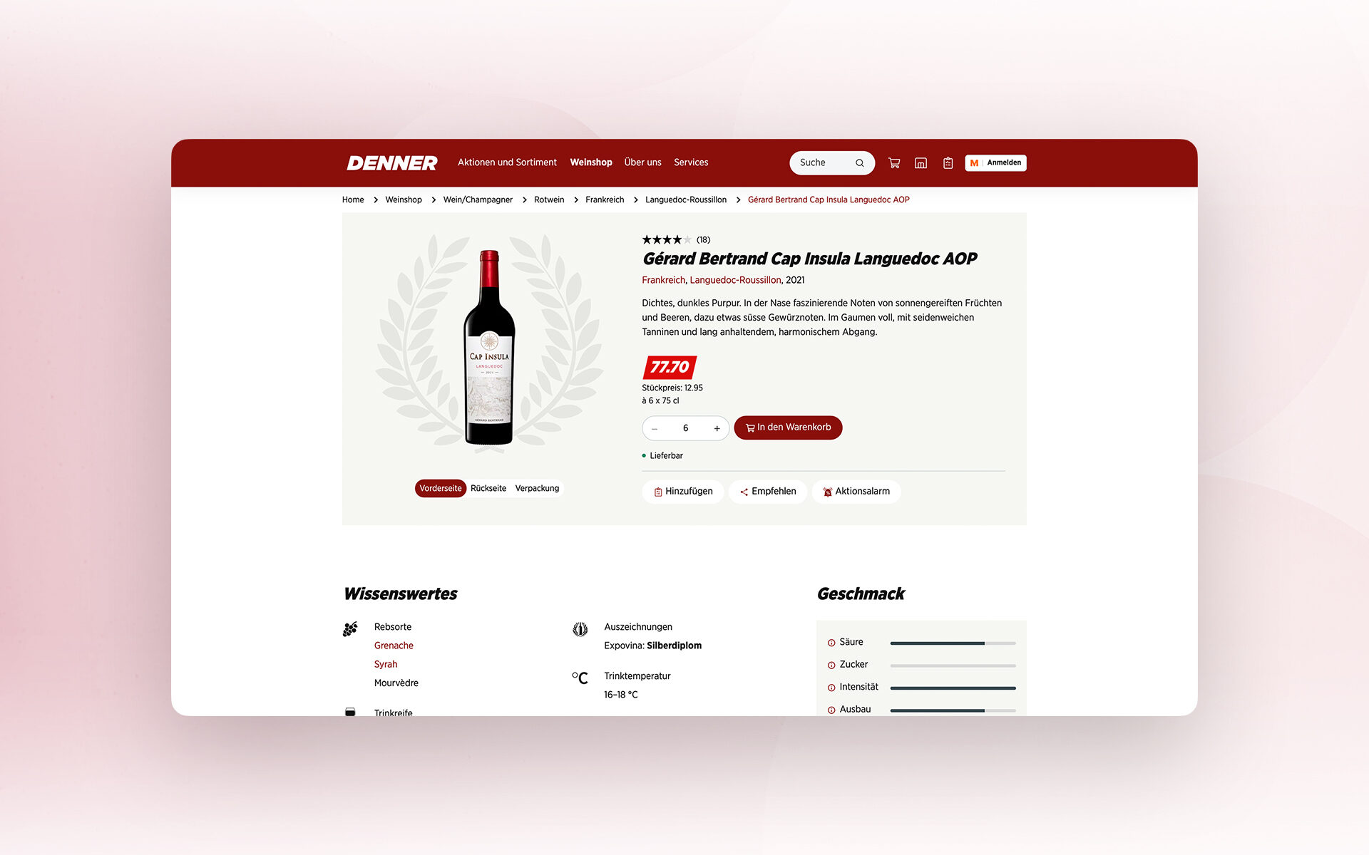 Screenshot of the Denner website showing the product page for the red wine Gérard Bertrand Cap Insula Languedoc AOP.