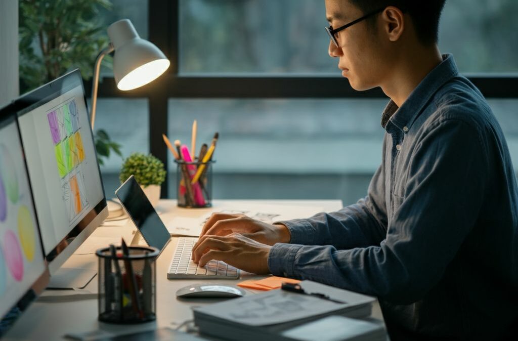 A professional working on a design research in digital environment.