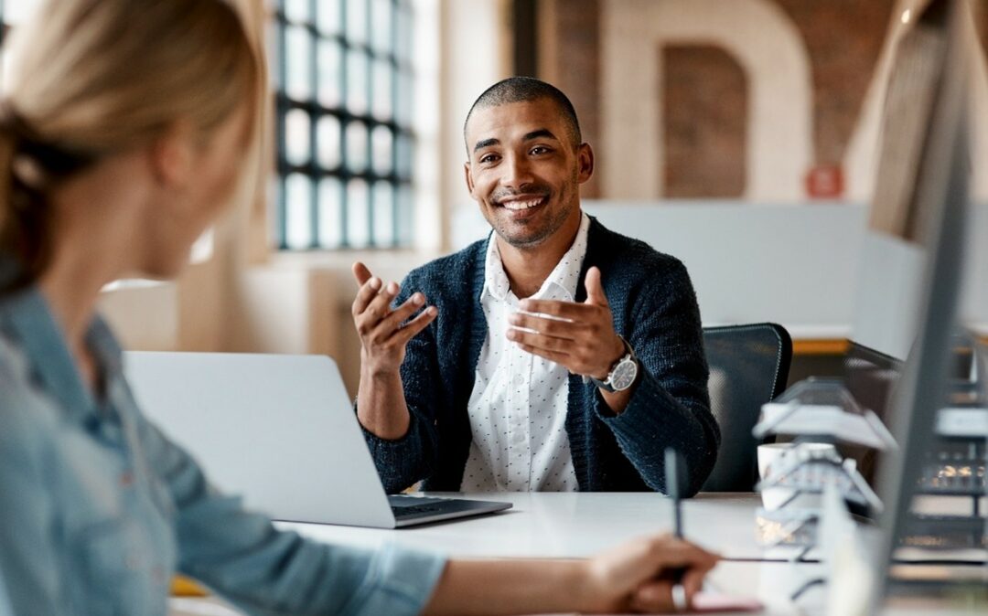 man and woman talking