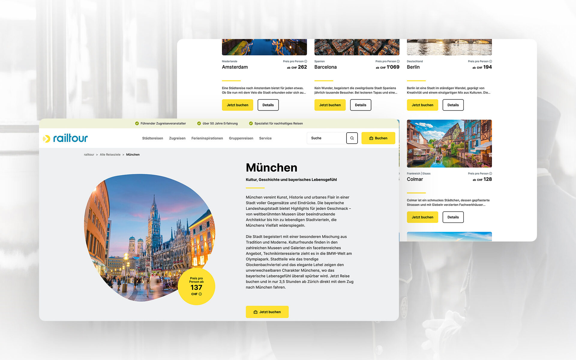 Mockup der Railtour-Website mit einer Reisebeschreibung für München. Die Seite zeigt ein stimmungsvolles Bild des Marienplatzes mit dem Neuen Rathaus bei Abenddämmerung. Zusätzlich sind Buchungsoptionen für weitere Städtereisen, darunter Amsterdam, Barcelona und Colmar, sichtbar.