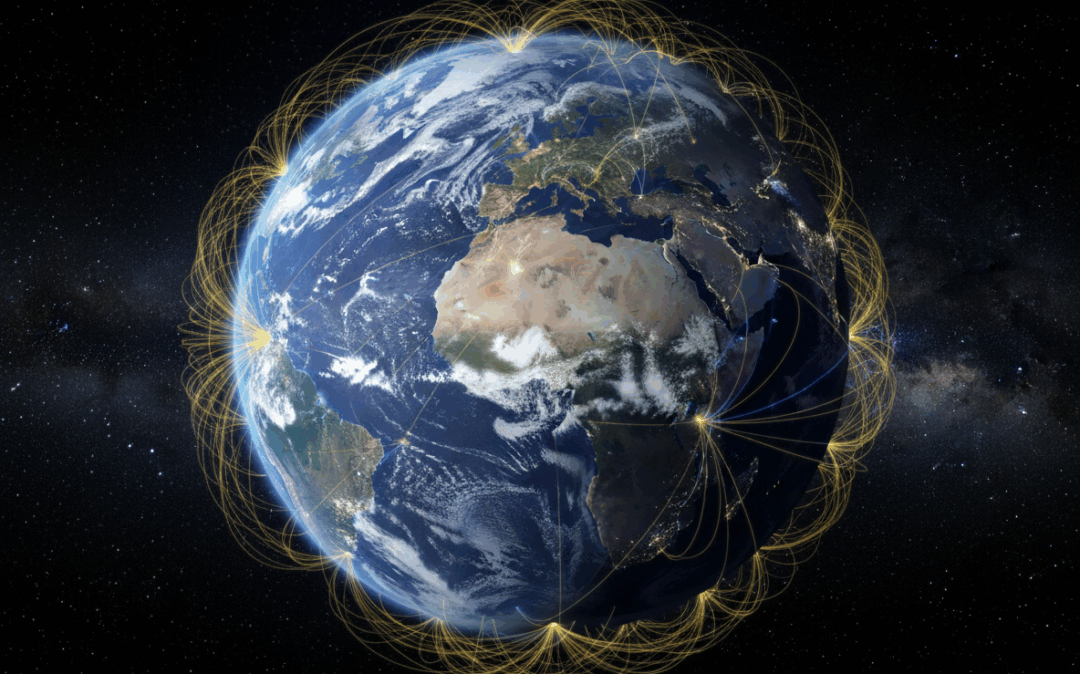 the world seen from space with a network spanning around it showing a globally interconnected digitalized digital world