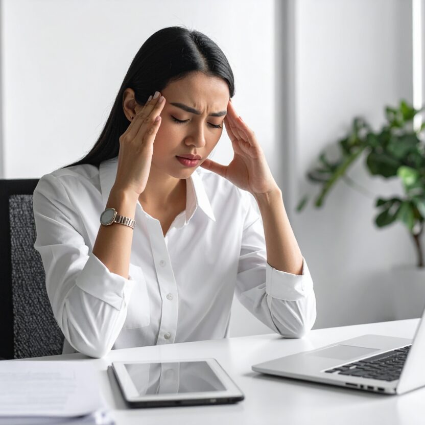 woman having a headache at work stock photo professio