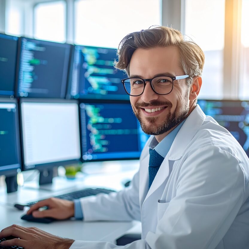 Eine konzentrierte, freundlich lächelnde männliche IT-Fachkraft sitzt in einem hellen, kliniknahen Büro vor mehreren Monitoren.