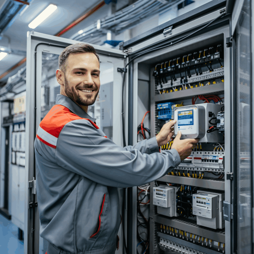 a smiling male electrical technician in a modern utility facility, wearing a clean gray and red work uniform, standing in front of an open control cabinet
