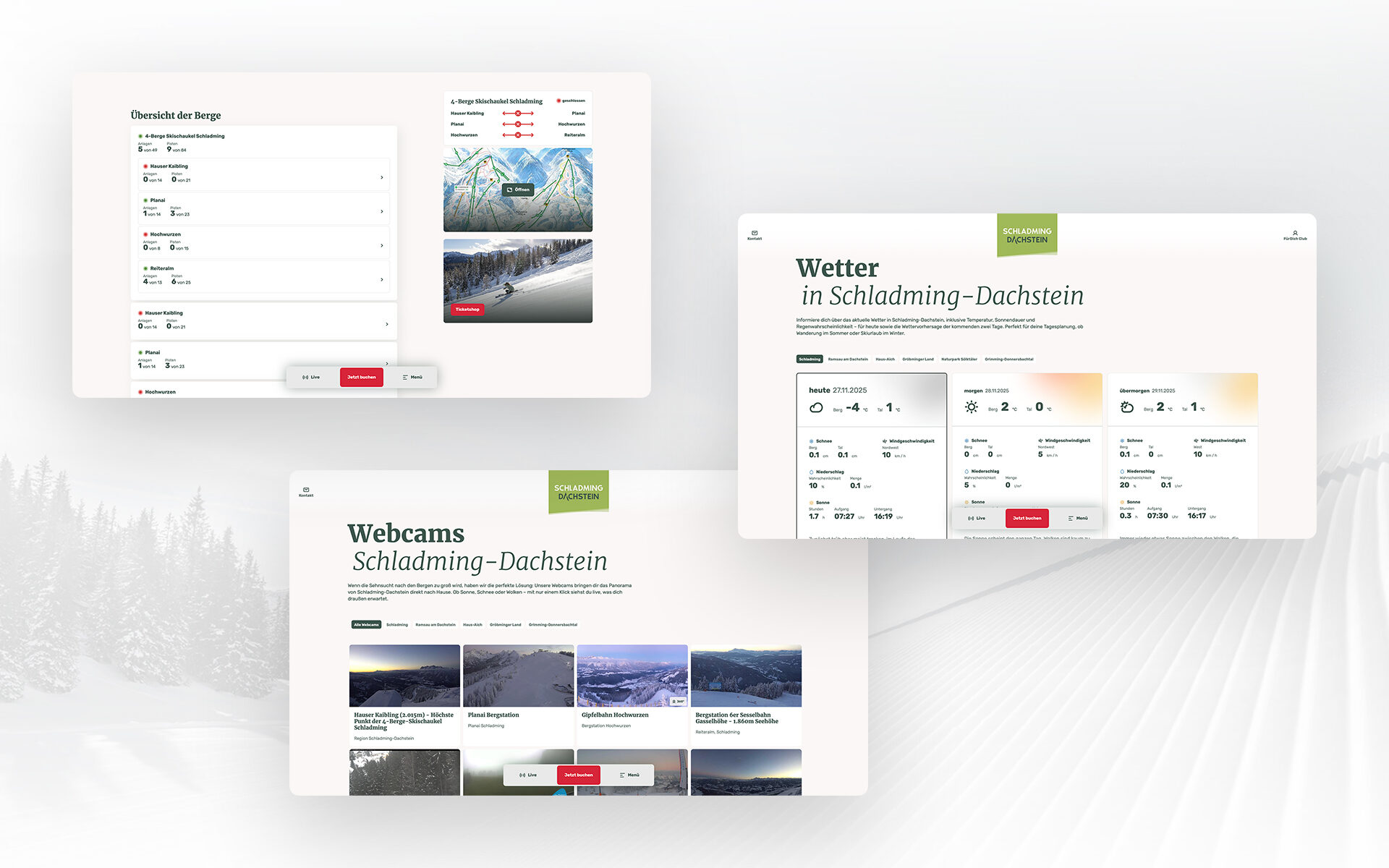 Mockup showing three Schladming Dachstein website views: mountain overview, weather page, and webcams page with a tile layout.