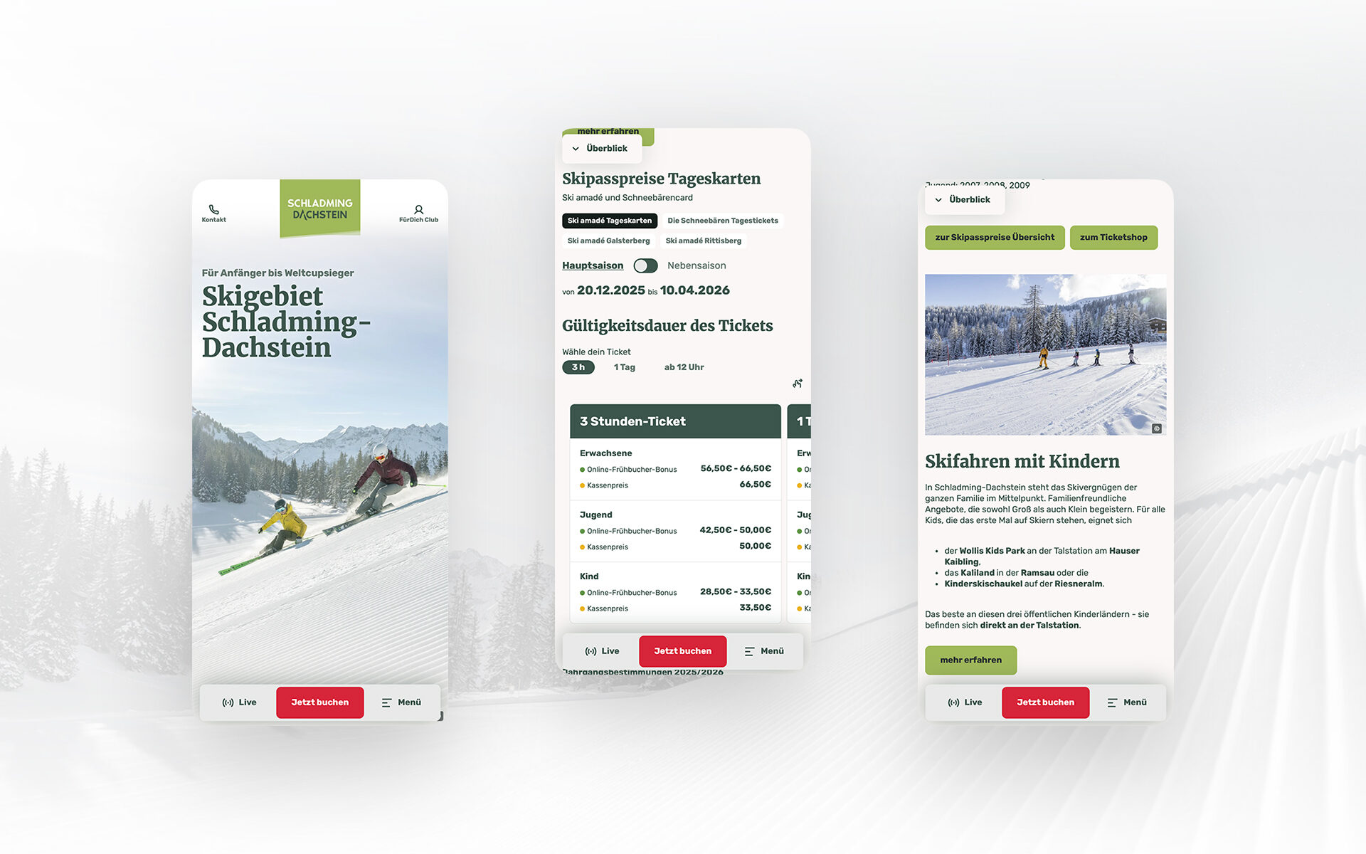 Mobile screens from the Schladming Dachstein website showing the ski area landing page, day ticket ski pass prices, and an info page on skiing with children.