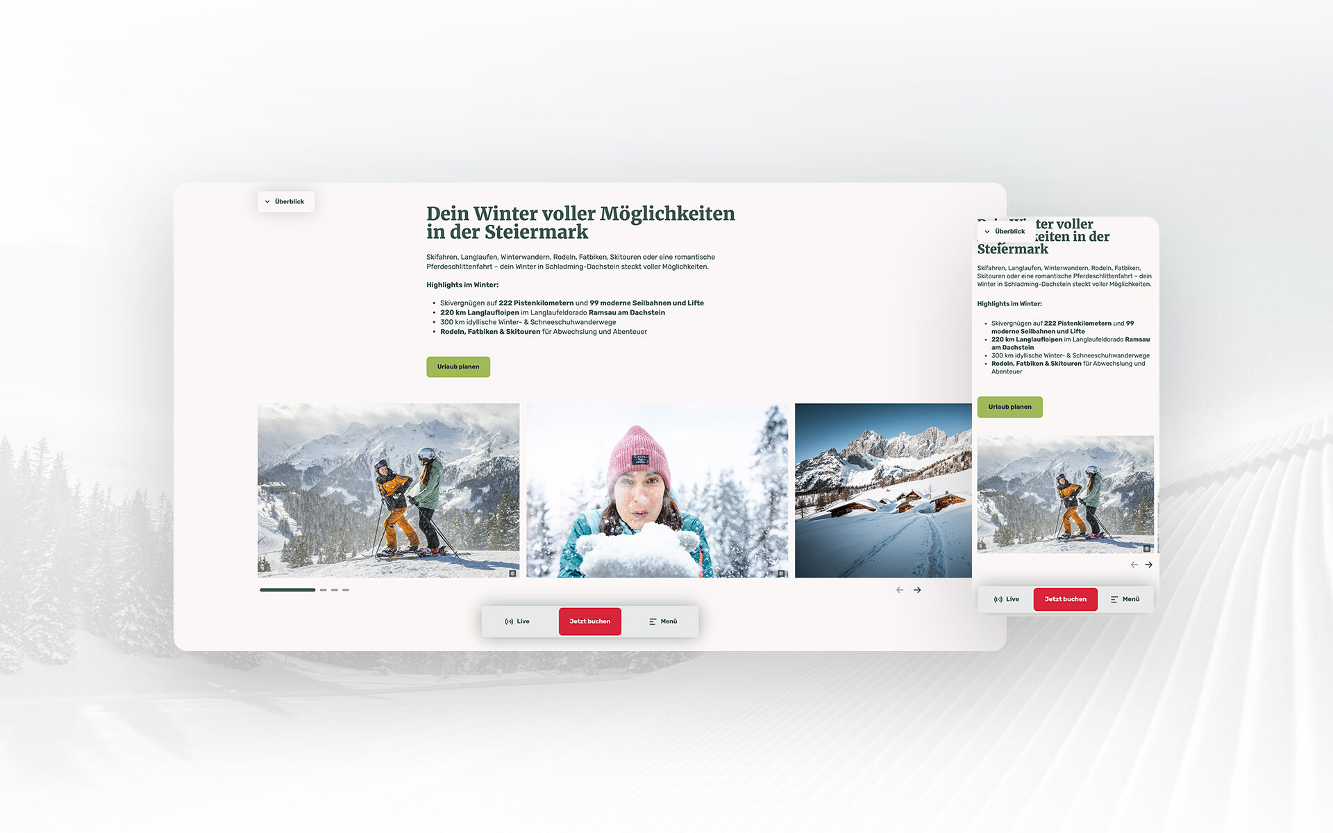 Responsive Schladming Dachstein website view featuring a winter overview, highlights text, and an image slider with winter sports and mountain scenes.