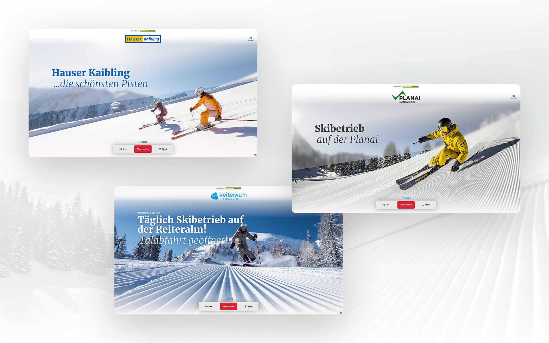 Three website screens with ski visuals and slope information in Schladming Dachstein for Hauser Kaibling, Planai and Reiteralm.