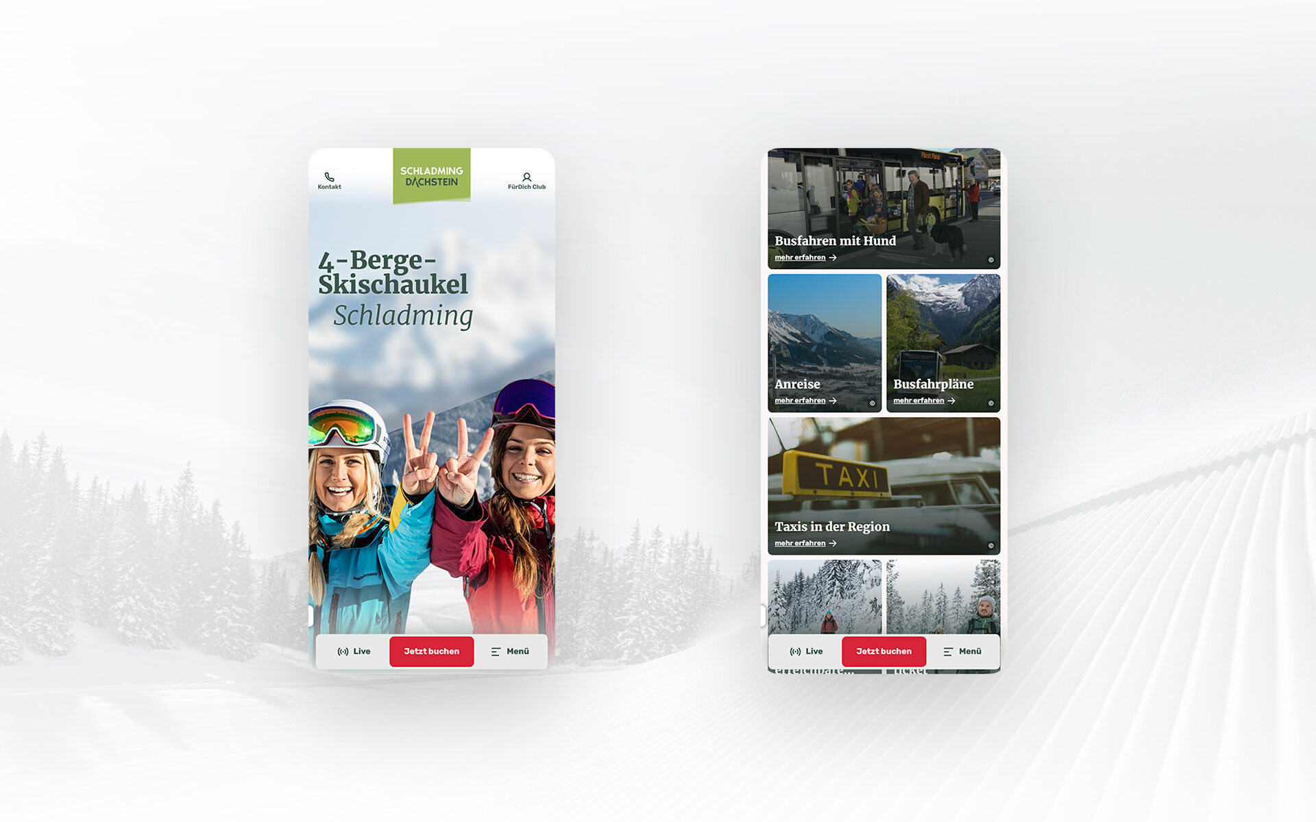 Two mobile screens from the Schladming Dachstein website showing the 4-mountain ski swing Schladming landing page and a tile menu with information on getting there, bus timetables and taxis.