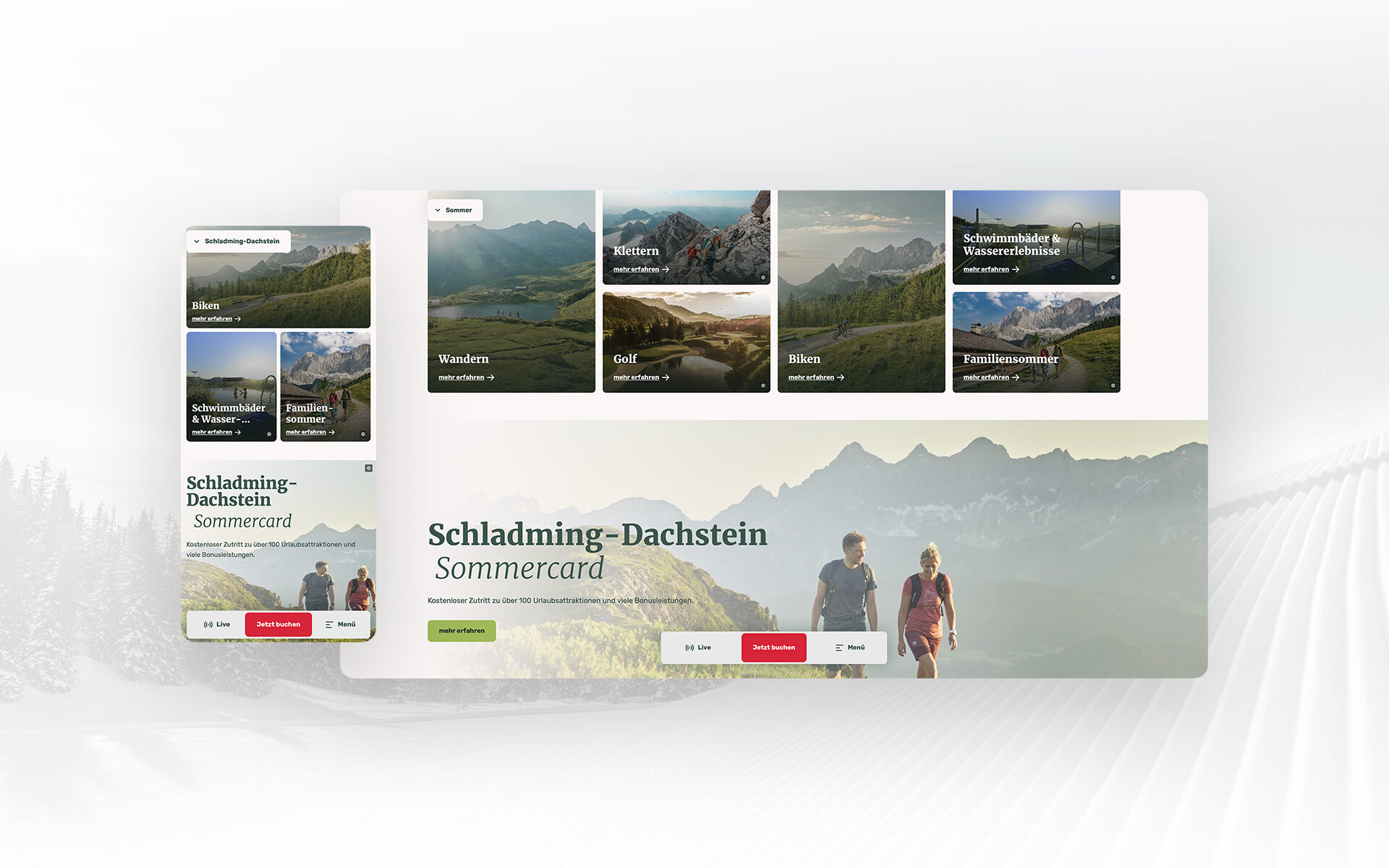 Responsive view of the Schladming Dachstein Sommercard page with a tile menu for summer activities such as hiking, biking, climbing, golf and family offers.