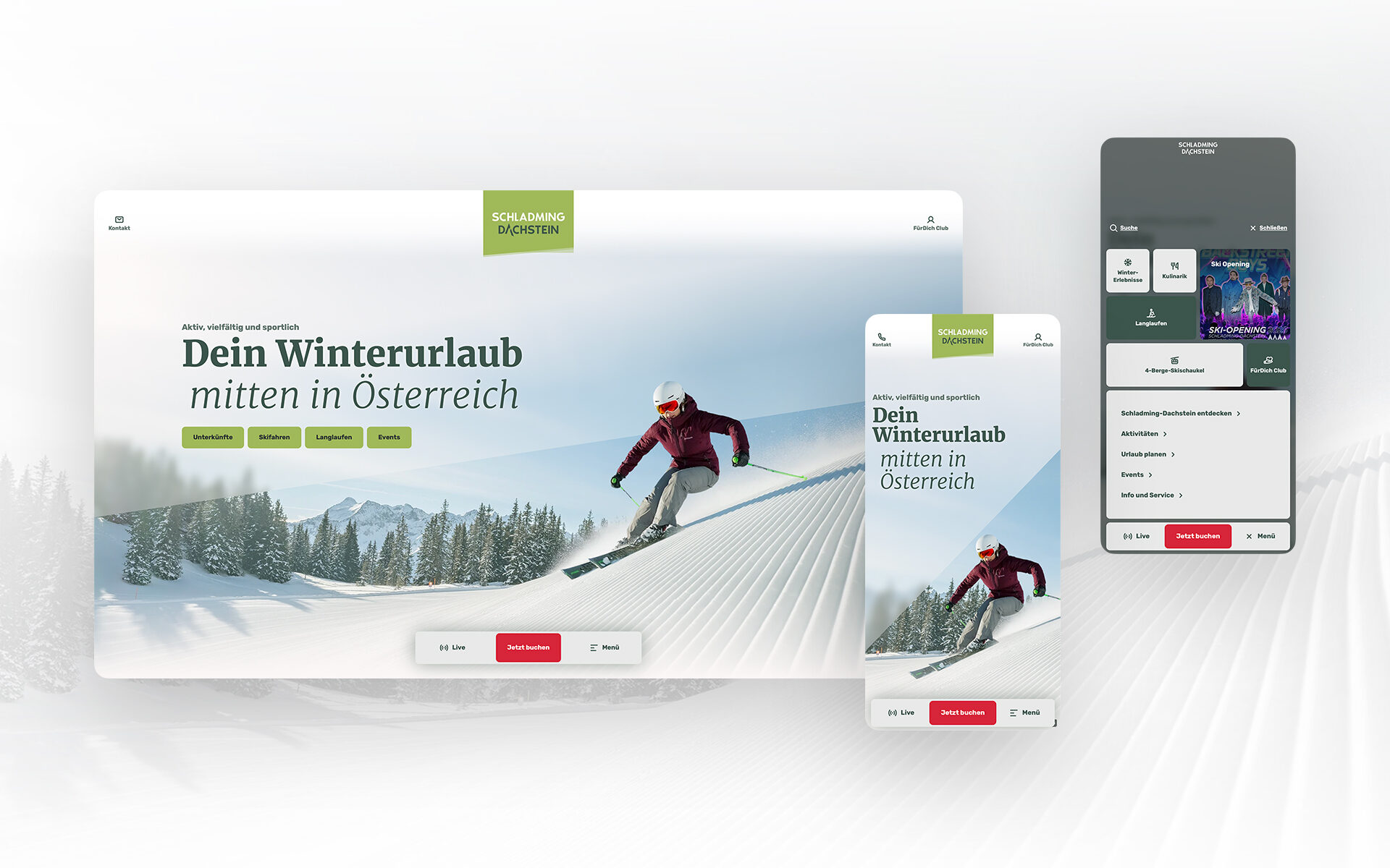 Screeshots der neuen Schladming-Dachstein Website: zu sehen ist die Startseite mit der Headline "Dein Winterurlaub mitten in Österreich" in Desktop- und Smartphone-Größe.