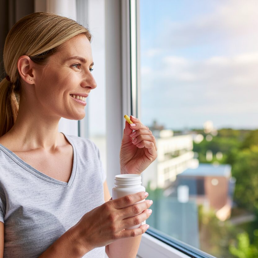 stockphoto of a woman standing by the window in a modern apartment taking a supplement
