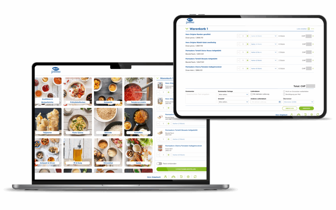 Laptop and tablet show the screen of a sales app with a menu.