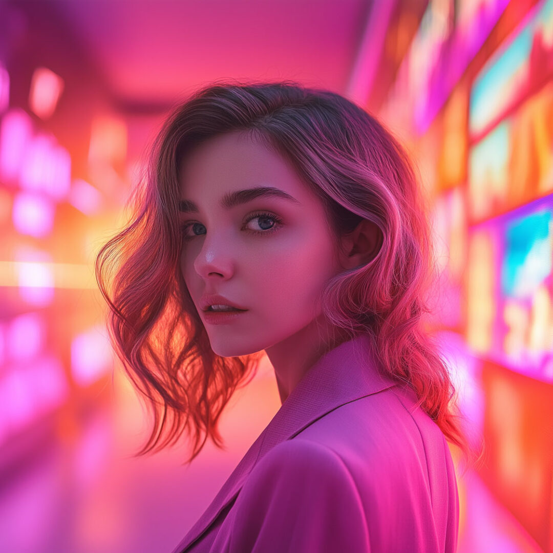 Junge Frau mit AI generiert mit TV Screens links und rechts hinter ihr an den Wänden